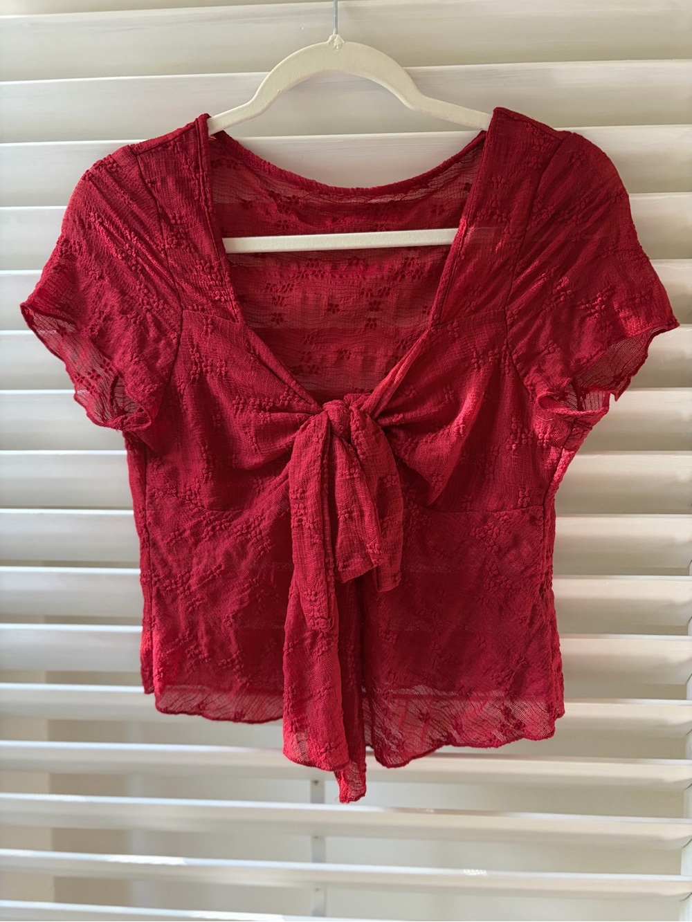 Source Unknown Red Tie-Front Sheer Blouse